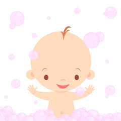 Cute Baby Taking a Bath is Soap Foam Vector Illustration