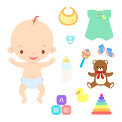 Baby Boy with Toys Clothes and Accessories Vector Illusrtarion