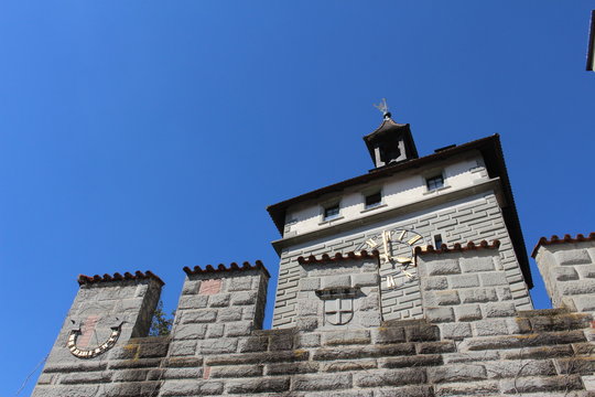 Historical Schnetztor gate of the former city walls built in 14th century isolated on blue sky in the city of Constance (Konstanz) in Baden-Wuerttemberg, Germany.