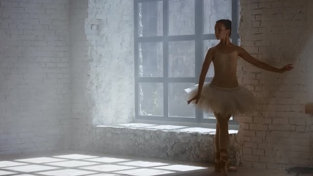 Professional ballerina perform pirouette in room with large window