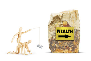 Man rides on another person towards wealth. Abstract image with wooden puppets