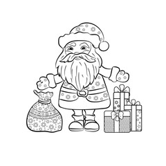Santa Claus with Christmas gifts. Hand-drawn  vector illustration for coloring book.