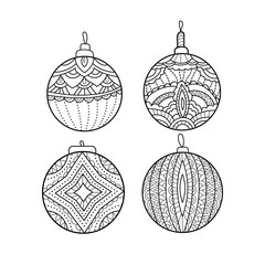 Vector set of hand drawn Christmas balls. Coloring book page. Decorative holiday element for decoration for New Year and Christmas.