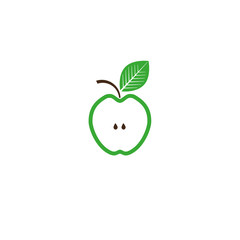 Green apple half with seed and leaf . Vector illustration isolated on white background. Art logo design