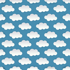 Seamless pattern. Clouds. White clouds pattern, blue background. Vector paper art style.