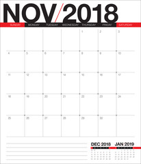 November 2018 planner calendar vector illustration