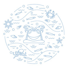 Cute vector illustration with octopus, fish, island with palm trees and a hammock, helm, waves, seashells, starfish, crab arranged in a circle.