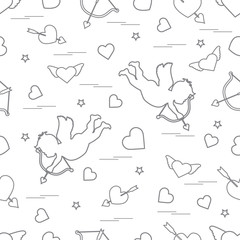Cute seamless pattern with cupid shoots a bow and hearts. Love symbol.