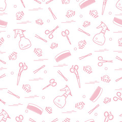 Cute pattern of scissors, combs, hairclip, hairpins and sprayer. For the provision of hairdressing services.