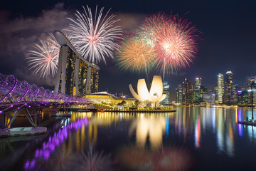 Fireworks at Marina bay Singapore, Singapore city skyline