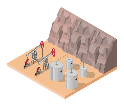 Isometric Vector Oil rig industry of processing petrol and transportation infographics set production elements.