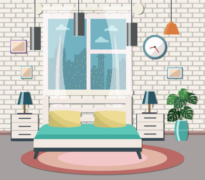 Bedroom interior. Flat design vector illustration.