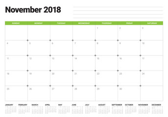 November 2018 planner calendar vector illustration