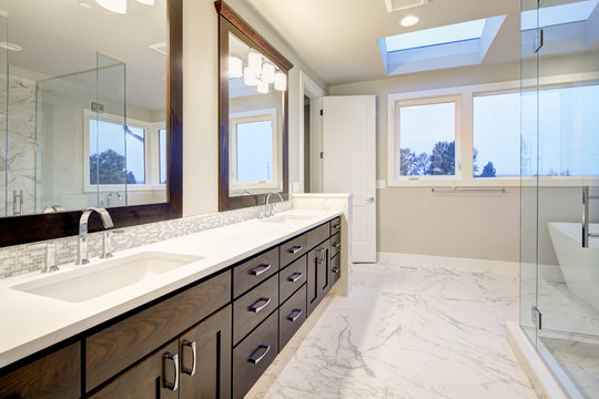 Master bathroom interior with double vanity cabinet