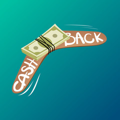 Cashback concept: Boomerang flying back with attached money - obrazy, fototapety, plakaty