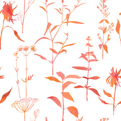 Floral watercolor vector seamless pattern with meadow grasses, herbs and flowers.
