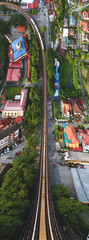 Aerial view. A train and rail way captured in unique perspective.