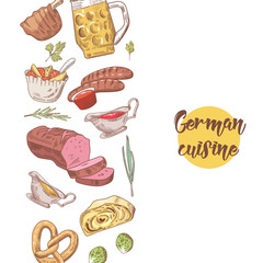 German Traditional Food Hand Drawn Background. Germany Cuisine Menu Template. Food and Drink. Vector illustration