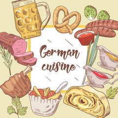 German Traditional Food Hand Drawn Background. Germany Cuisine Menu Template. Food and Drink. Vector illustration