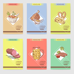 German Traditional Food Hand Drawn Brochure Templates. Germany Cuisine Menu Cards. Food and Drink. Vector illustration
