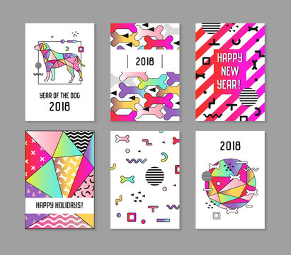 2018 New Year Memphis Style Abstract Posters Set with Dog. Chinese Calendar, Banner, Template, Brochure. Geometric Trendy Bright Composition. Vector illustration