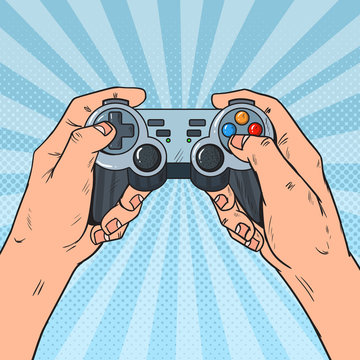 Pop Art Man Holding Gamepad. Male Hands with Joystick Console. Video Game. Vector illustration