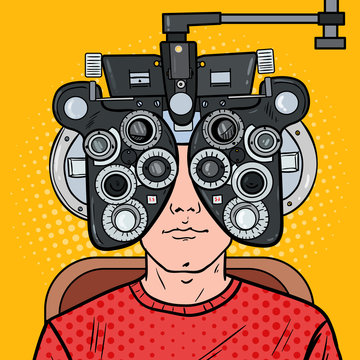Pop Art Man Patient at Optometric Clinic with Optical Phoropter. Eye Exam. Vector illustration