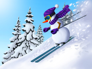 Snowman descends from the mountain on skis. Winter in mountains. Illustration for the New Year and...