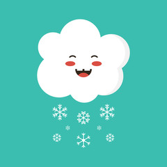 Cute smiling cloud character with snowflakes, winter weather icon.
