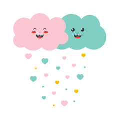Couple of cute smiling clouds with colorful hearts isolated on white background.