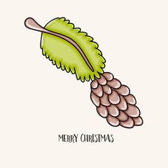 Merry Christmas typography. Pine tree cone on a branch cartoon style vector