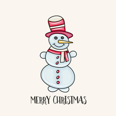 Merry Christmas typography. Snow man in a red hat and a scarf cartoon style vector
