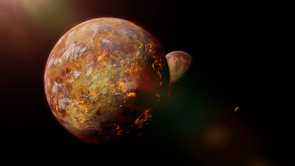 alien lava planet with moon lit by a bright star © dottedyeti
