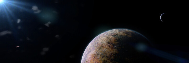 beautiful alien planet with moons lit by a bright star 