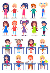 Naklejka premium Set of Schoolchildren Sitting at Desks Isolated