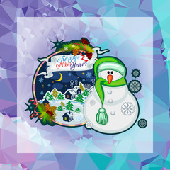Holiday square christmas card with funny snowman and snowing landscape on a colorful mosaic background.
