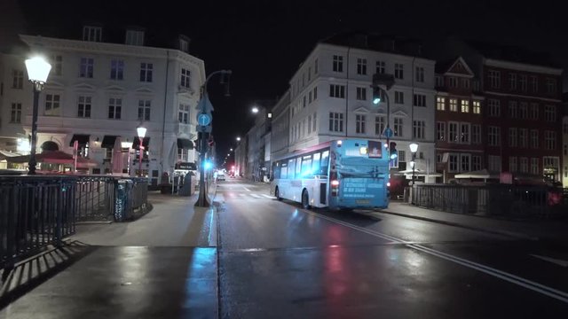 4K Copenhagen City at Night, Bus Traffic on Road Crossing Bridge, Slide In