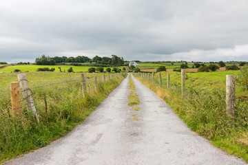 Fototapeta na wymiar Landscapes of Ireland.Street country road near Ruins of Friary of Ross in Galway county