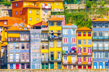 Colourful houses along river douro in Porto, Portugal.