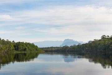 Fototapeta na wymiar Reflections of sky and trees on the waters of the Autana river, in the amazon jungle