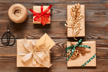 Christmas presents on wooden background