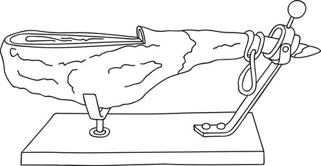 Hand drawn vector illustration Spanish dry-cured ham cut off on horizontal stand coloring page logo poster menu template