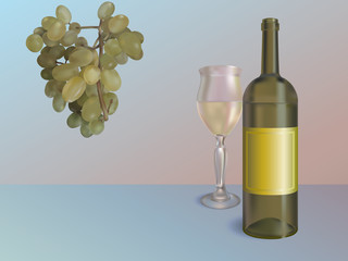 White wine illustration. Vector wine bottle with glass and grapes