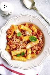 Rigatoni with meat sauce.Top view.