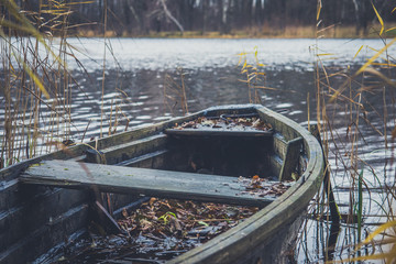 Boat on the river, lake. A boat with oars.