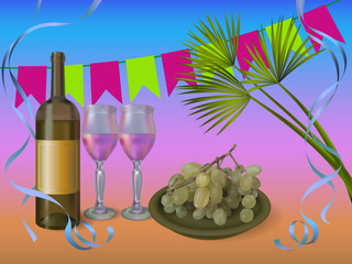 Wine party concept illustration - vector wine bottle with glasses and grapes