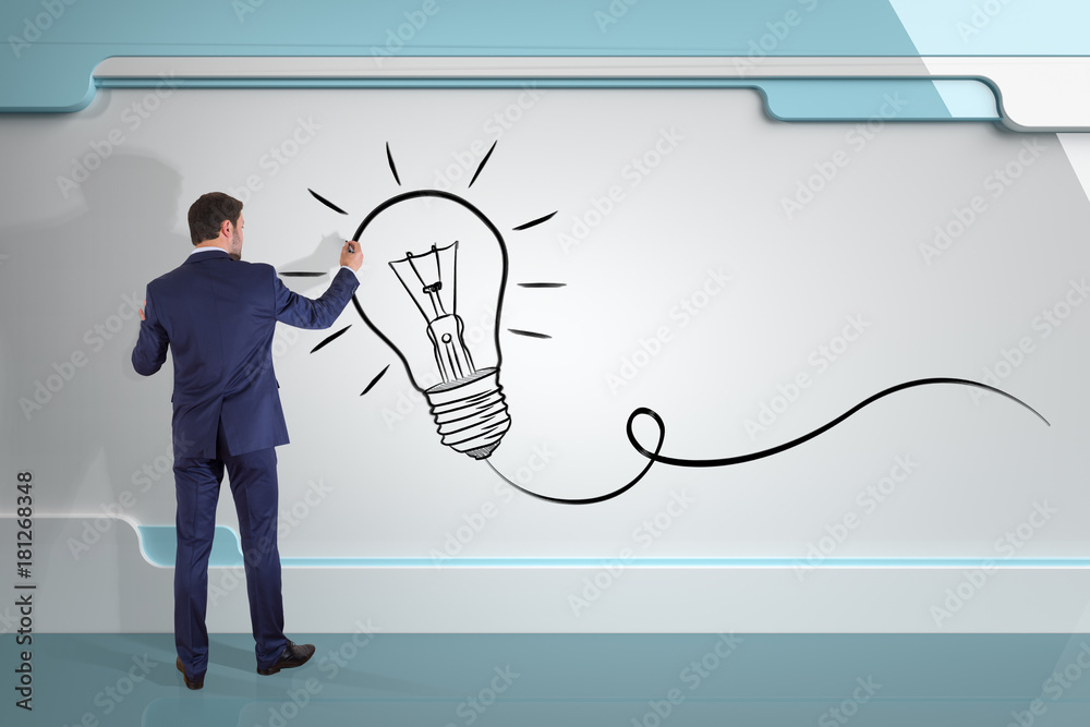 Poster businessman drawing a lightbulb on a board 3d rendering