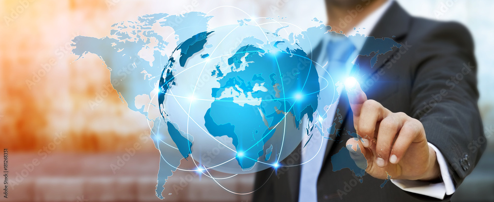 Poster businessman touching global network on planet earth 3d rendering