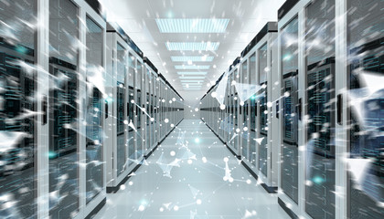 Server room center exchanging cyber datas 3D rendering
