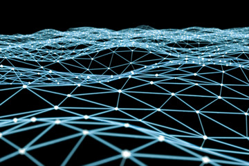 Floating white and blue glowing dot network 3D rendering